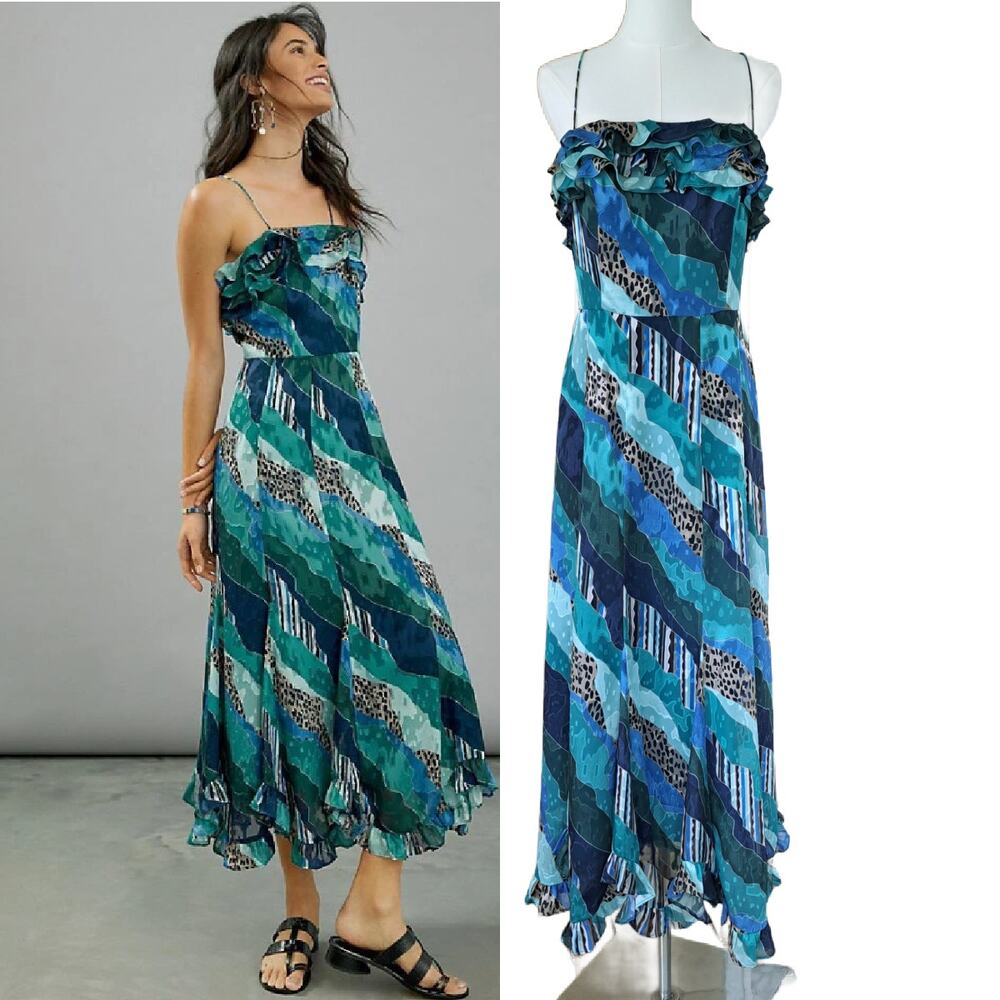 Anthropologie HUTCH Ondine Ruffled Maxi Dress 10 Patchwork Ocean Blue Green Boho